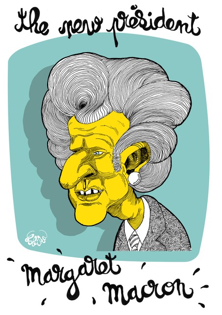 Dans le dessin de Bobika, une caricature d'Emmanuel Macron en Margareth Thatcher, à moins que ce ne soit l'envers