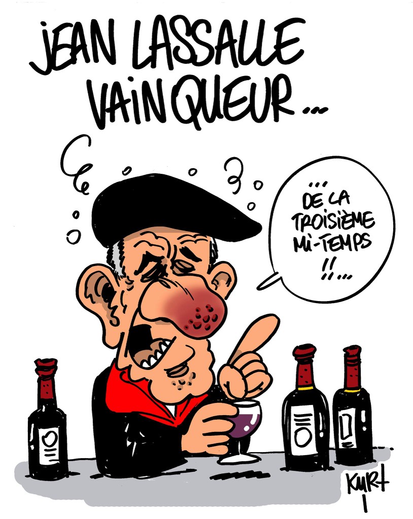 dessin de Kurt montrant l'ancien député à la renommée d'alcoolique notoire Jean Lassalle avec trois bouteilles de vin devant lui avec pour totre "Jean Lssalle Vainqueur" et la bulle "de la troisième mi-temps !!!"